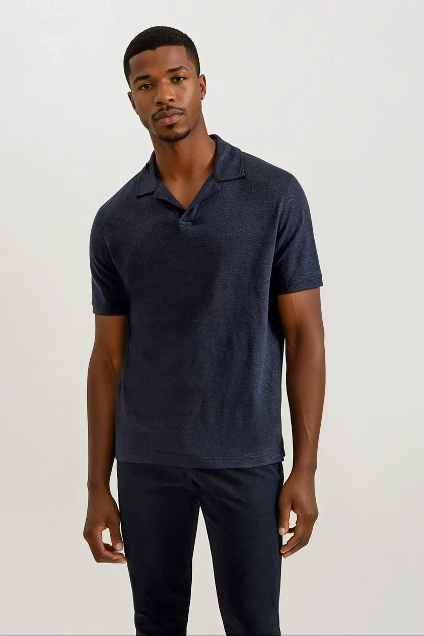 Navy Linen Jersey Open Collar Top – Secret Label