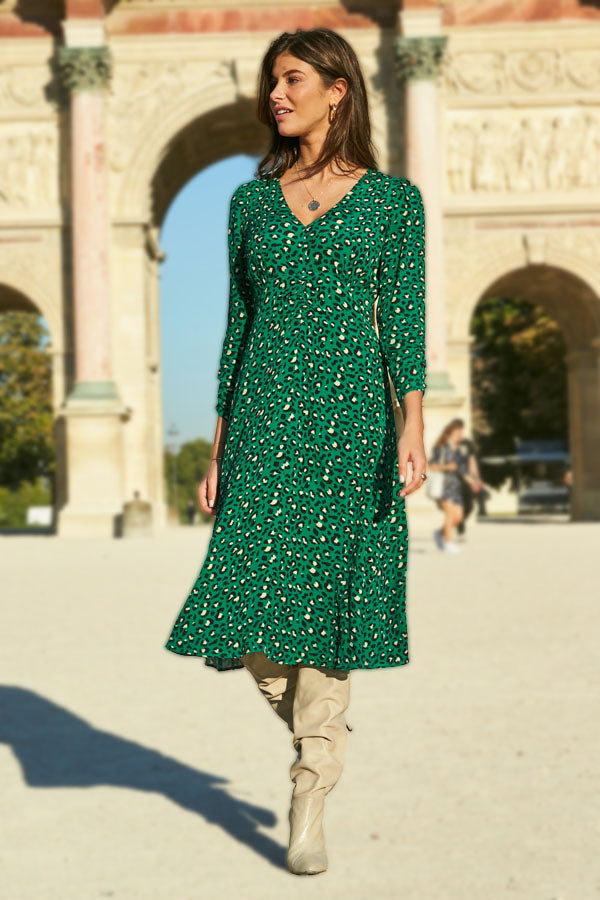 Green Animal Print V-Neck Midi Dress – Secret Label