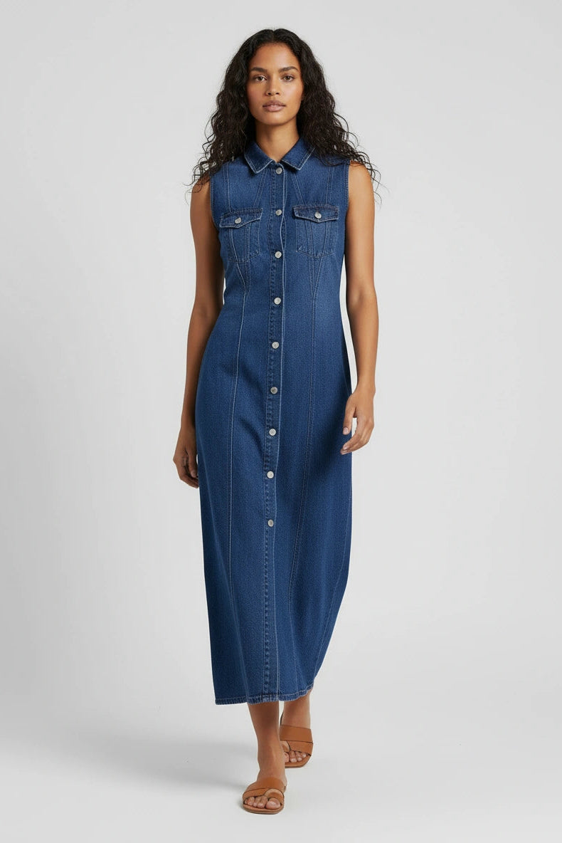 white christmas dresses Sleeveless Denim Midaxi Dress – Secret Label
