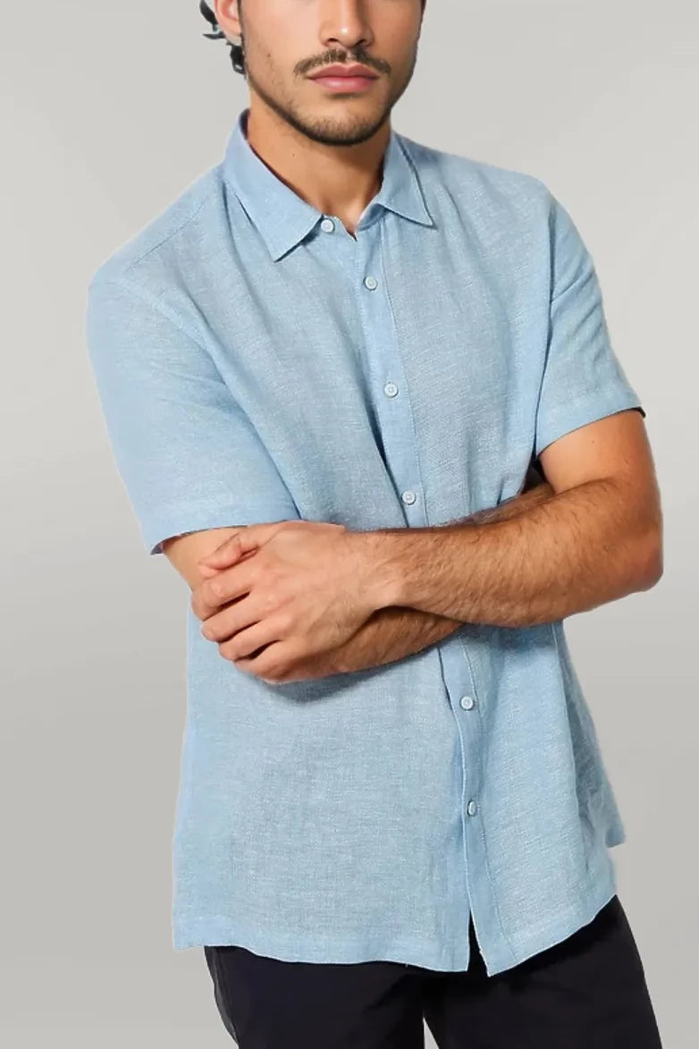 M&S Blue Harbour Short Sleeve Linen Shirt Pale / S