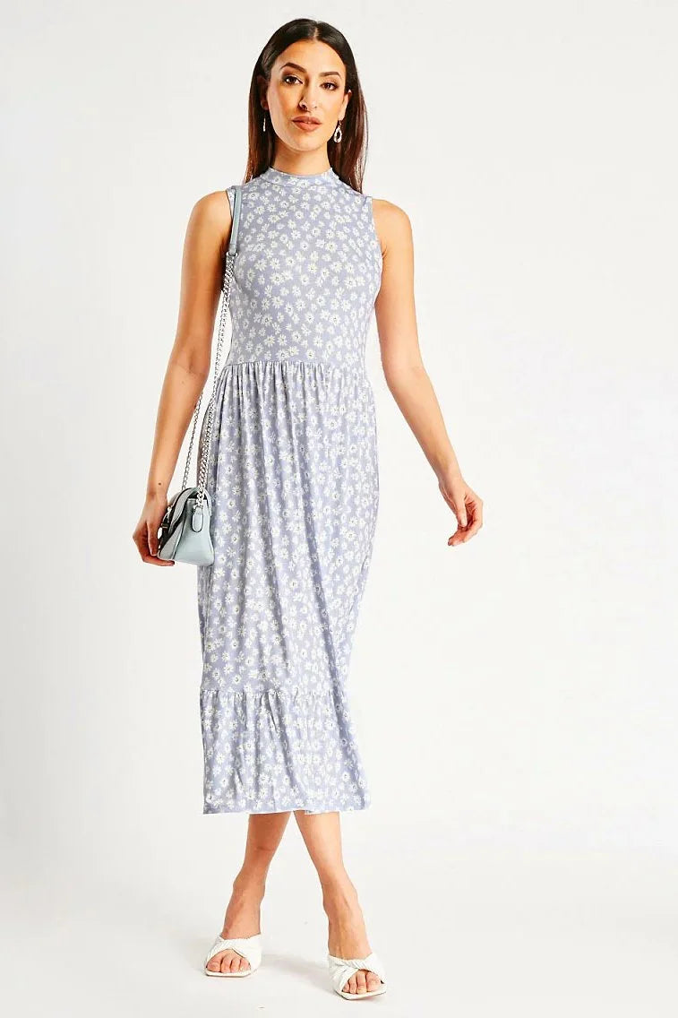 knee length dresses for ladies Blue Daisy Print Midi Tiered Dress – Secret Label