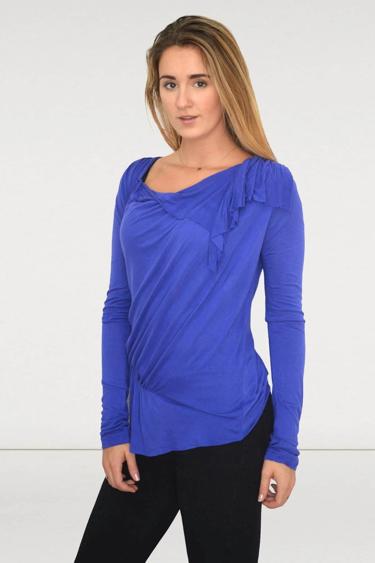 Oasis Frill Long Sleeve Jersey Top Blue / XS