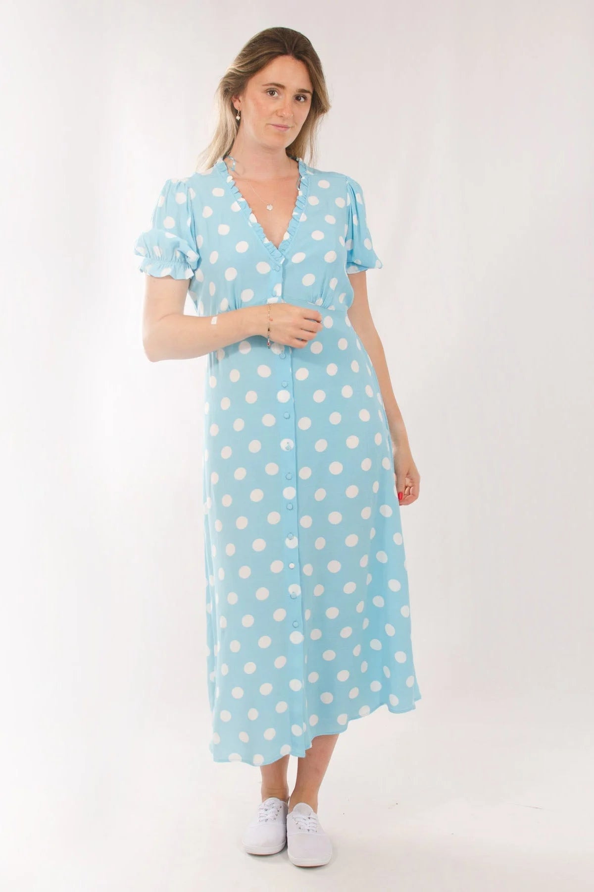 Polka dot button front dress online