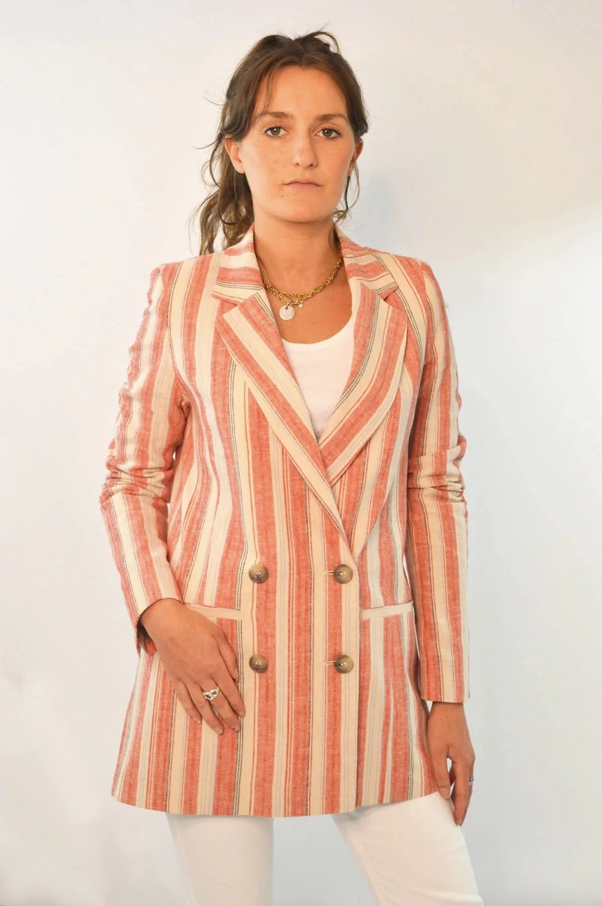 Secret Label Striped Double Breasted Blazer Coral/Ivory / 6