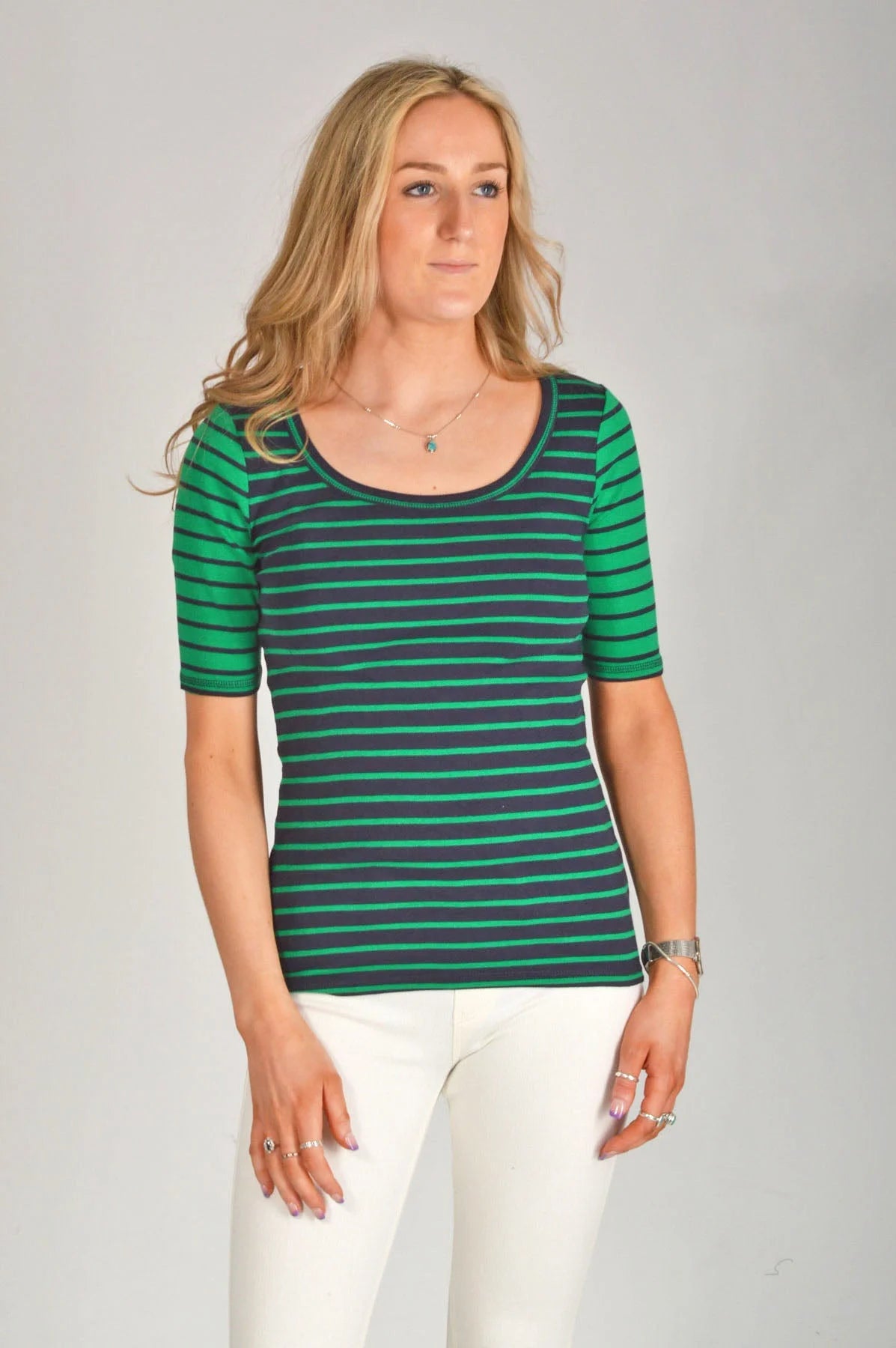 M&S Striped Scoop Neck T-Shirt Black/Green / 6