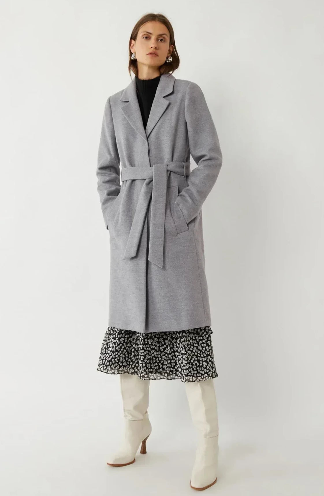 Warehouse Tie Belted Wrap Coat Pale Grey / 6