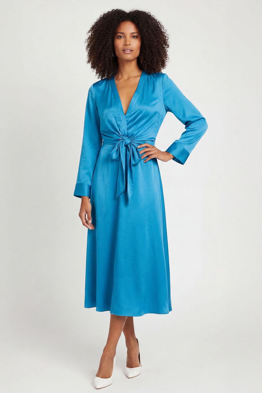 Turquoise Silky Long Sleeve Knot Front Dress