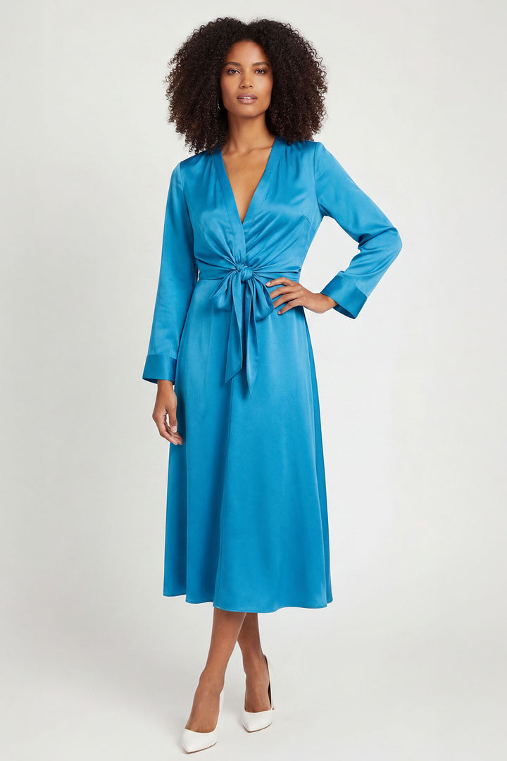 Turquoise Silky Long Sleeve Knot Front Dress