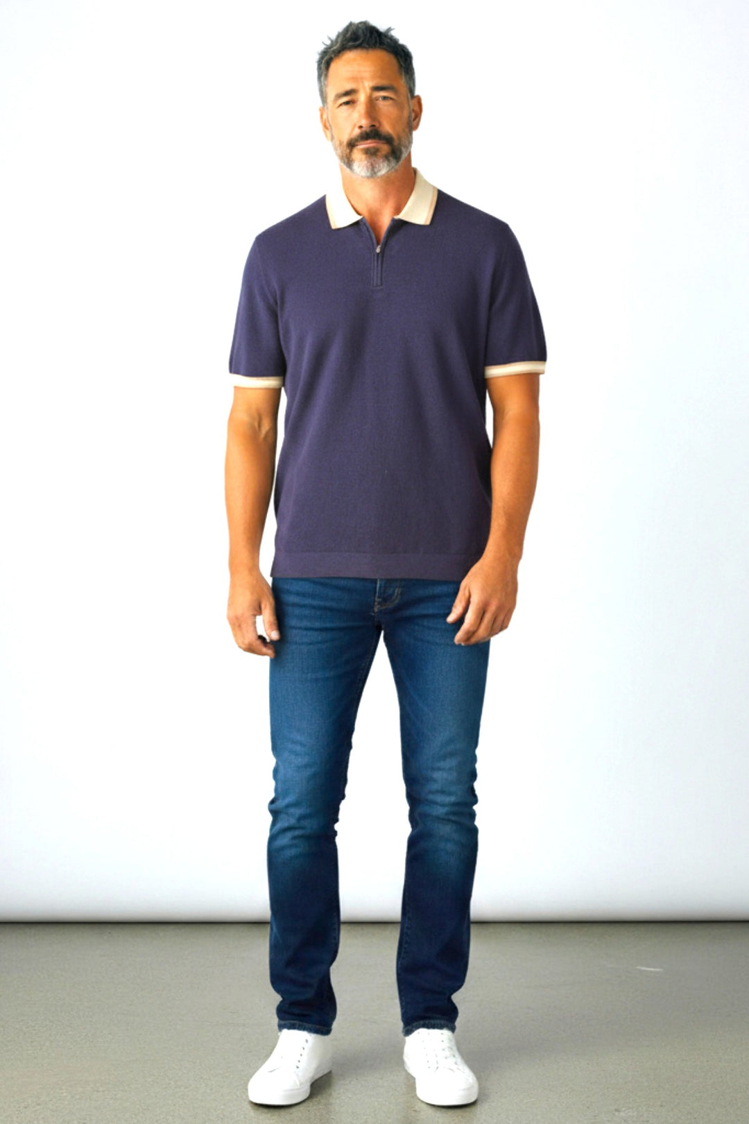 Autograph Navy Zip Neck Knitted Polo