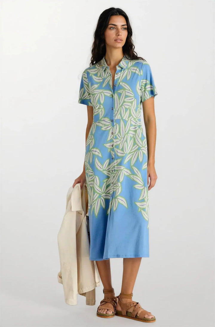 Blue Floral Short Sleeve Midi Shirt Dress-Secret Label