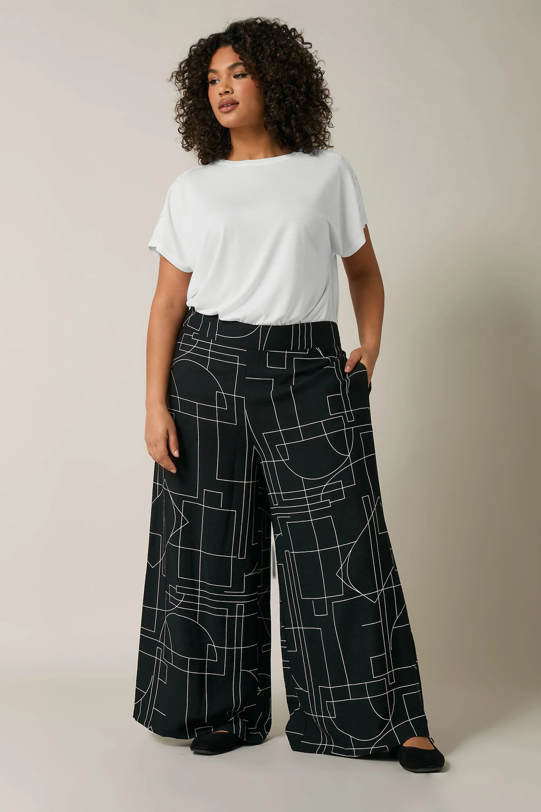 Black Geometric Print Wide Leg Trousers