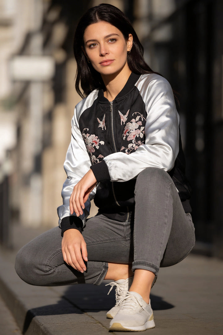 Black Silver Embroidered Silky Bomber Jacket