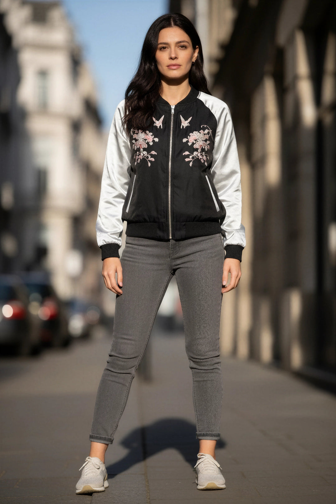 Black Silver Embroidered Silky Bomber Jacket