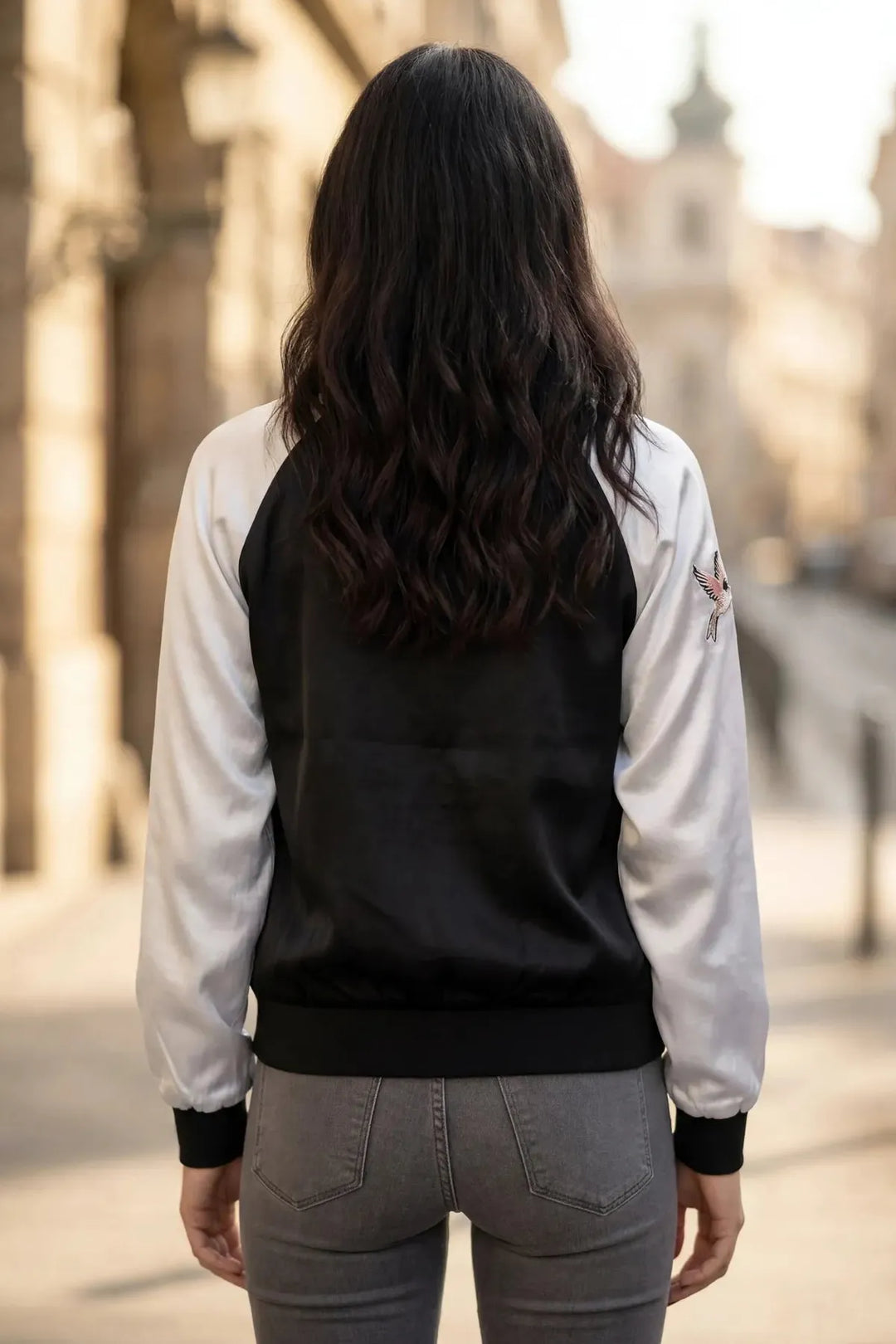 Black Silver Embroidered Silky Bomber Jacket