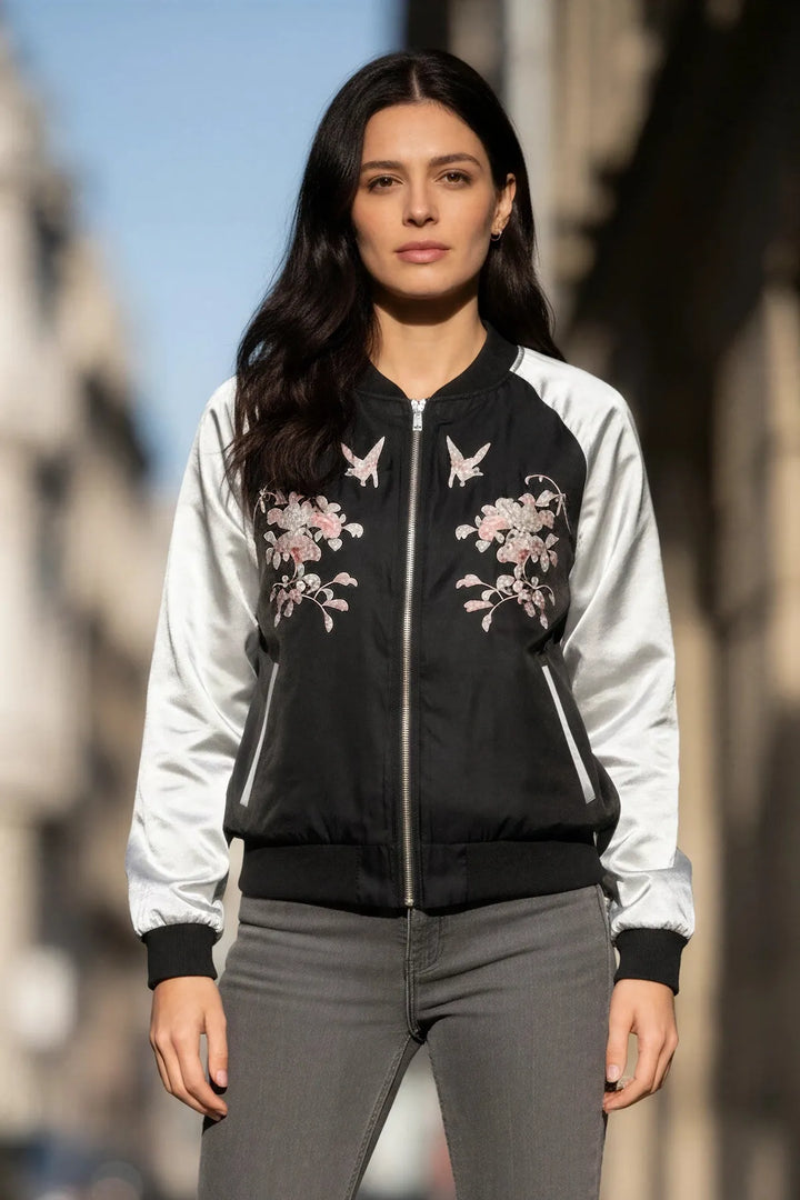 Black Silver Embroidered Silky Bomber Jacket