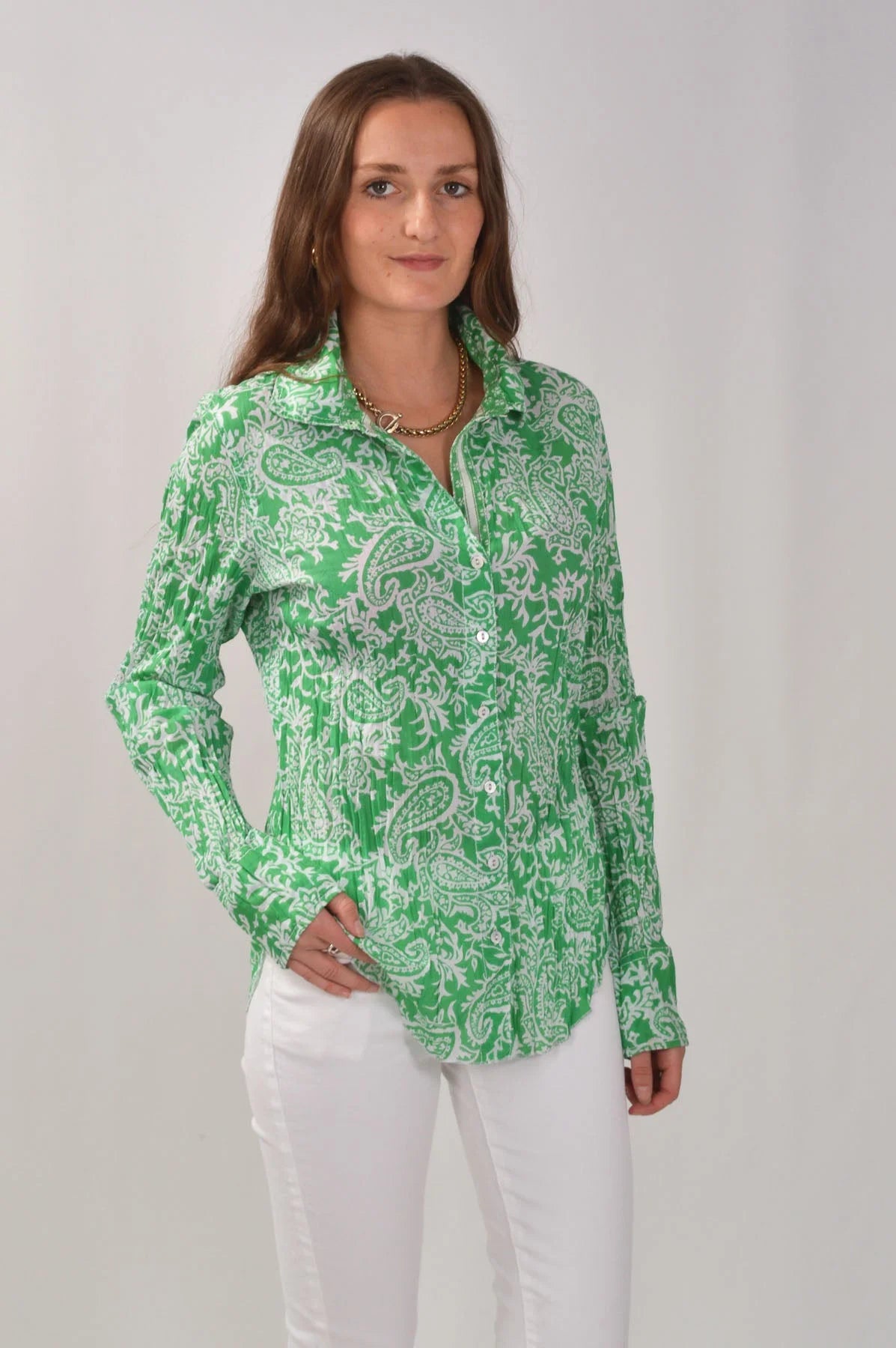 Cino New York Crinkle Cotton Floral Fitted Shirt Green