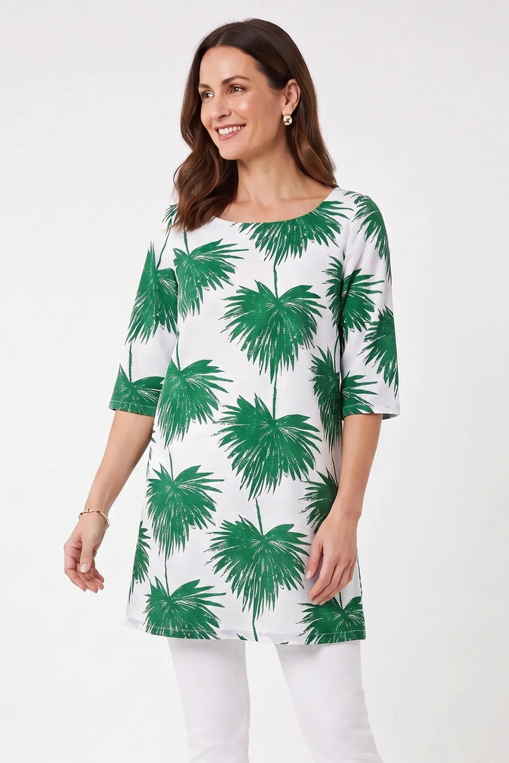 White Green Palm Print Tunic Top
