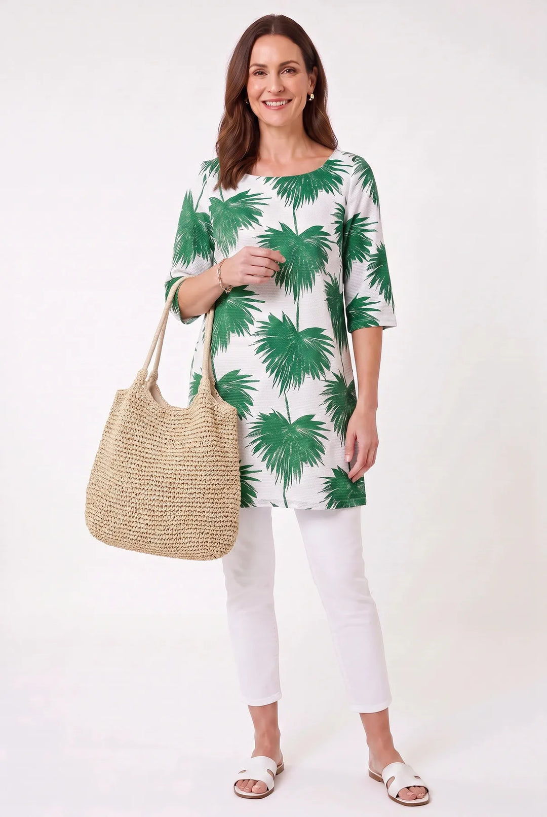 White Green Palm Print Tunic Top
