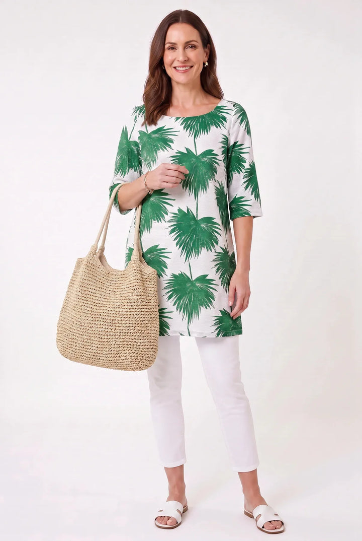 White Green Palm Print Tunic Top
