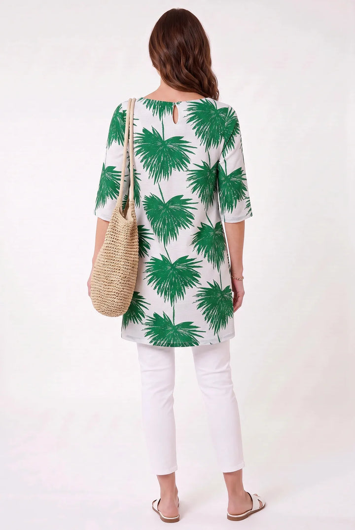 White Green Palm Print Tunic Top