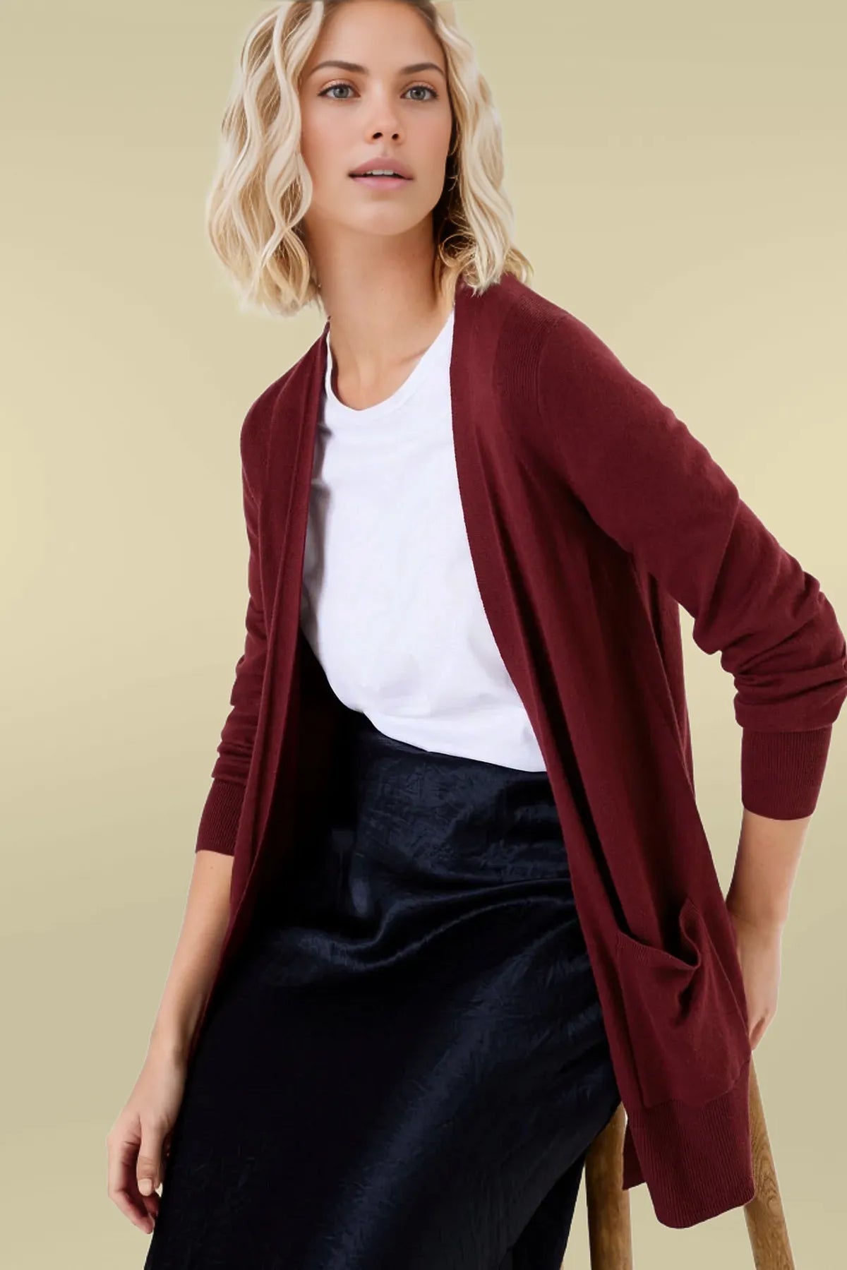 M&S Open Front Patch Pocket Cardigan Burgundy / XS