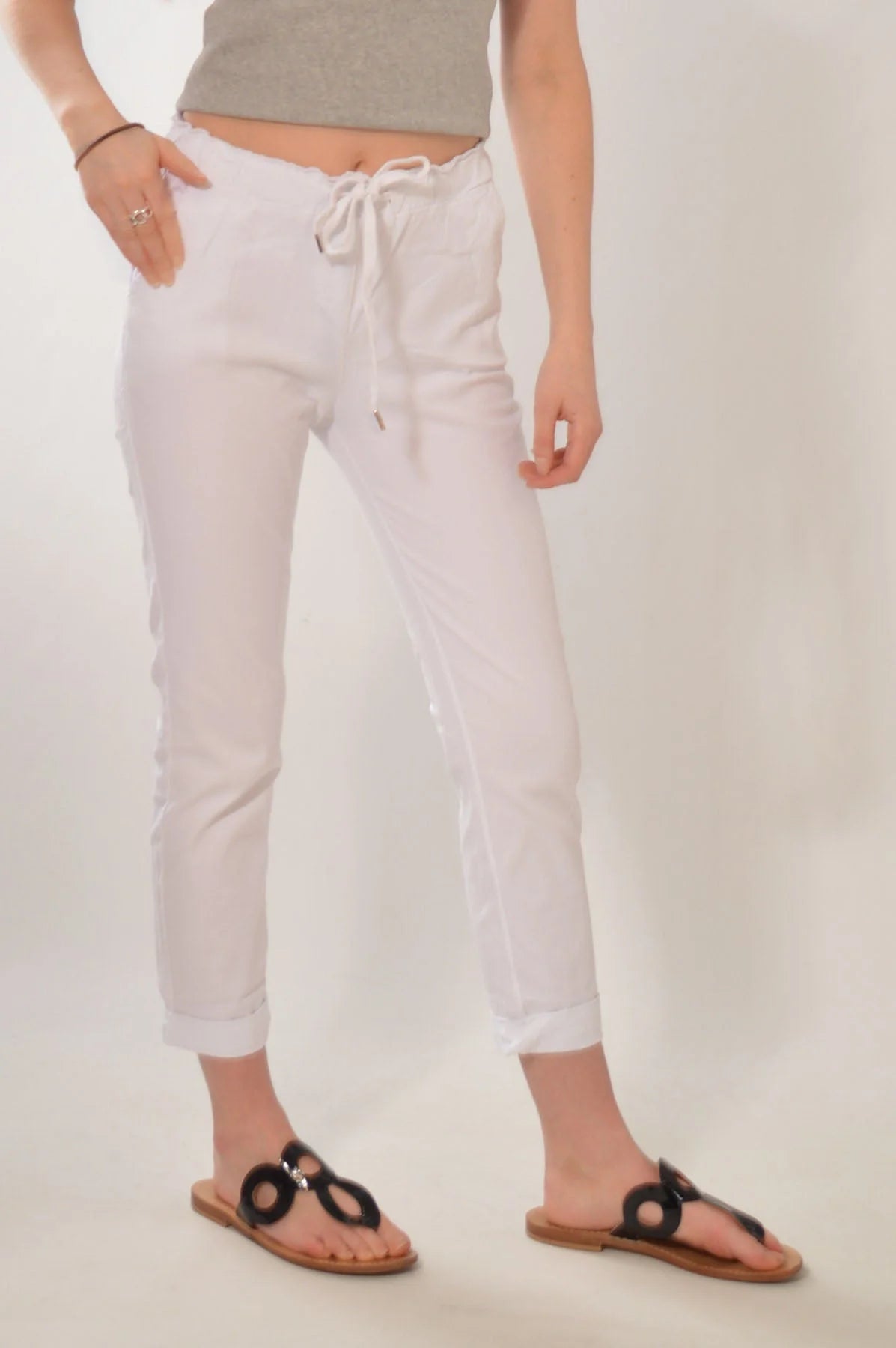 Nougat Tie Front Cotton Roll Hem Trousers White / 4