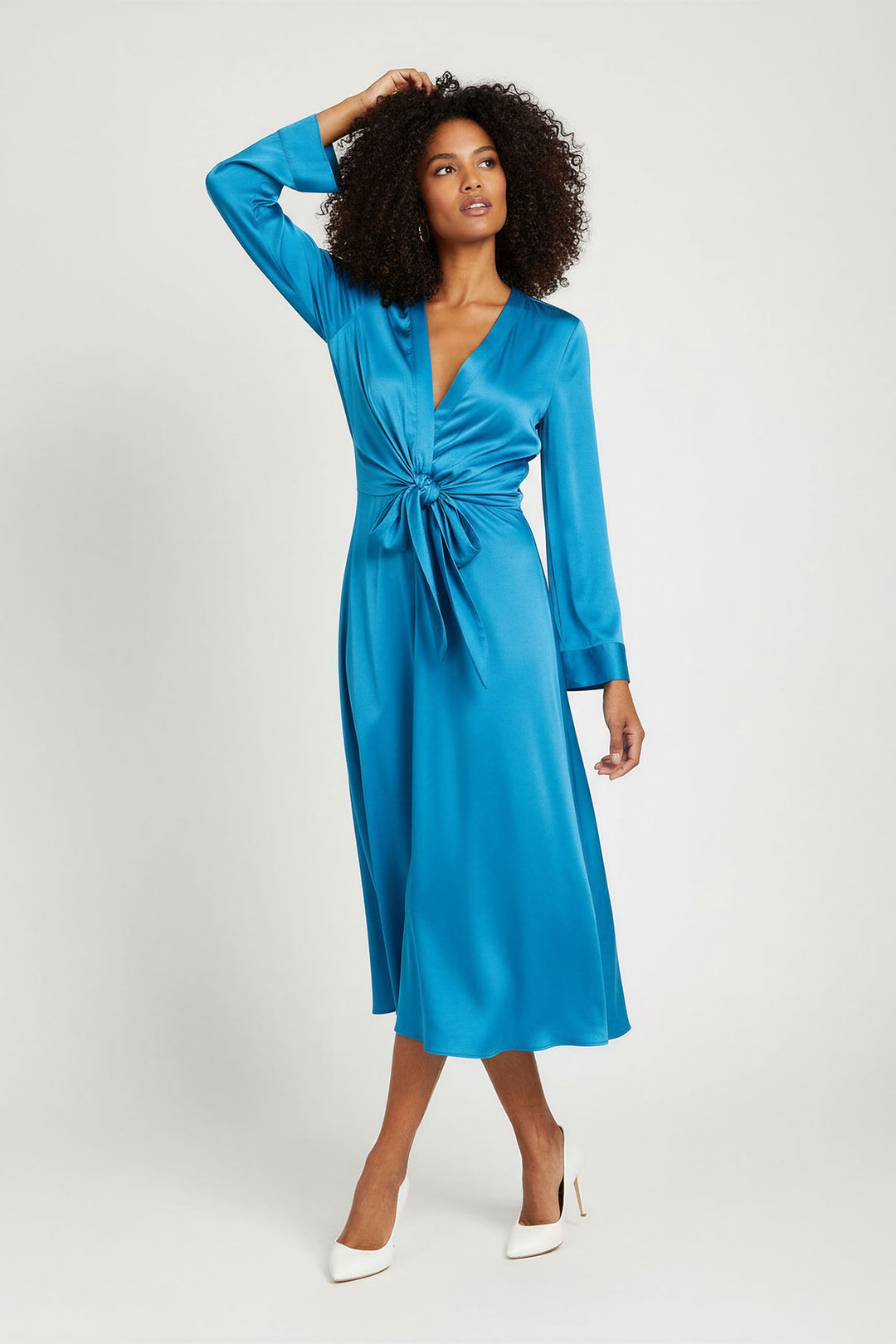 Turquoise Silky Long Sleeve Knot Front Dress