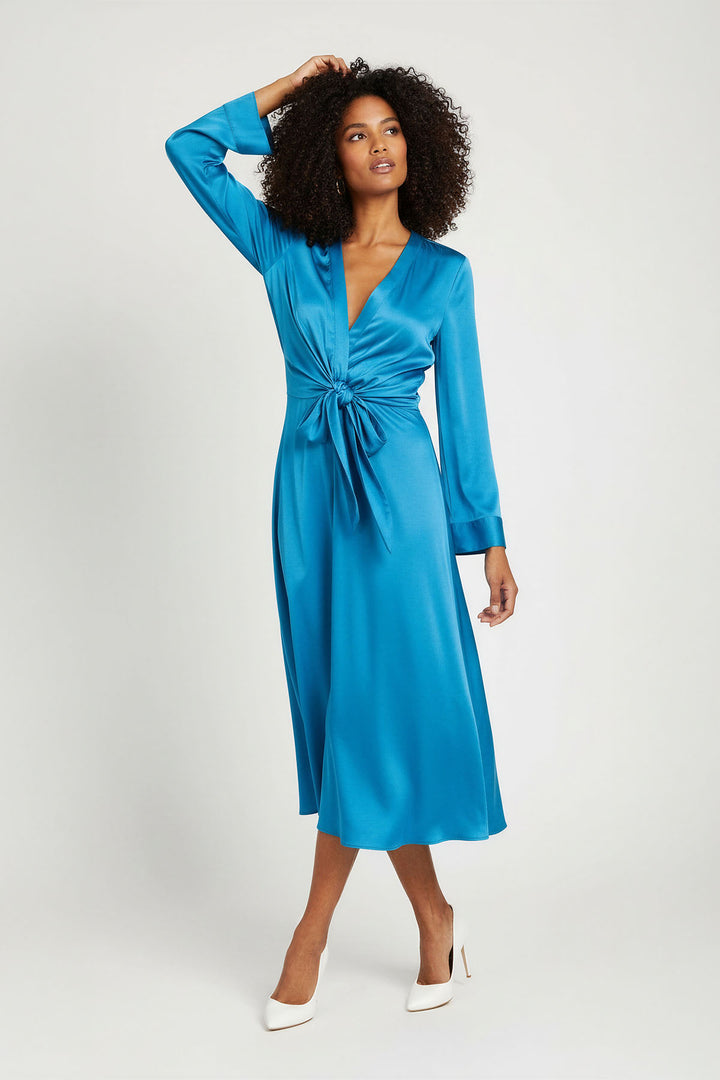 Turquoise Silky Long Sleeve Knot Front Dress