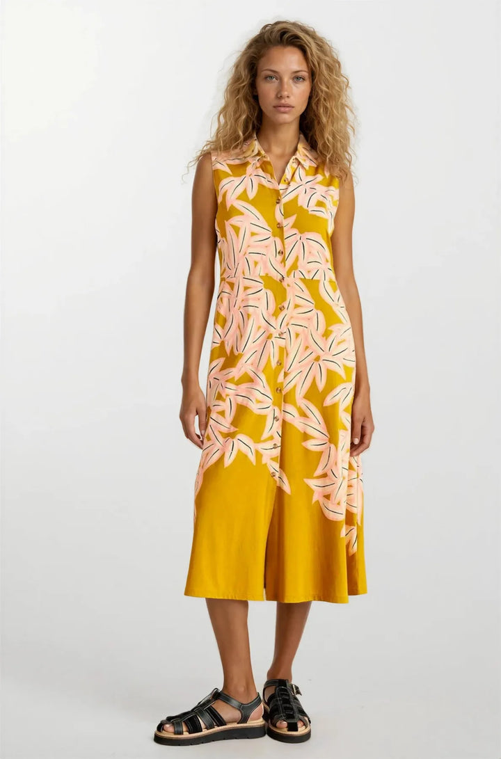 Ochre Floral Sleeveless Midi Shirt Dress-Secret Label