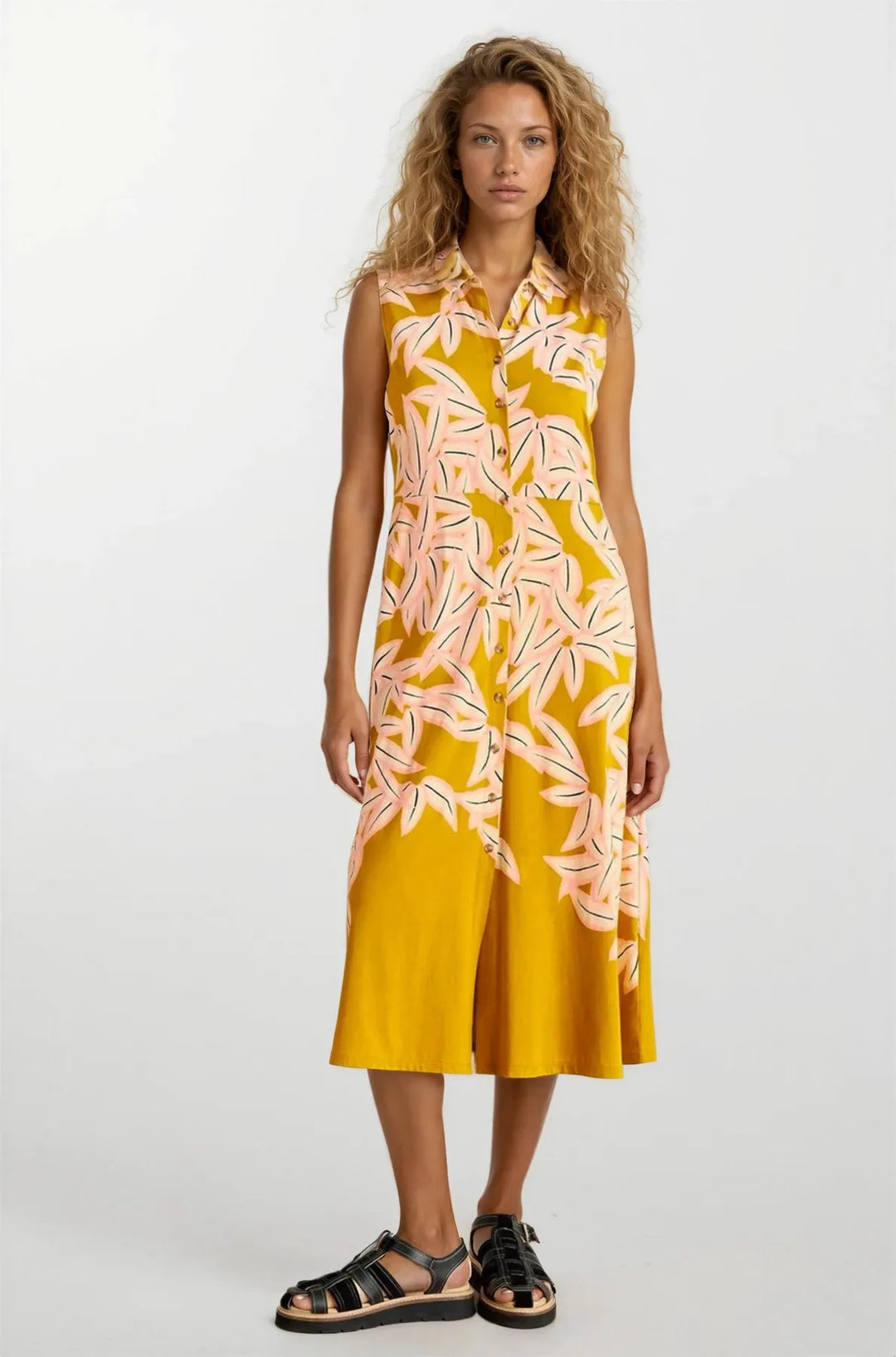 Ochre Floral Sleeveless Midi Shirt Dress-Secret Label