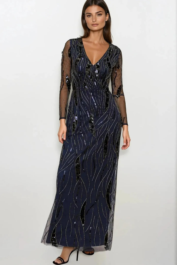 Navy Long Sleeve Beaded Evening Dress