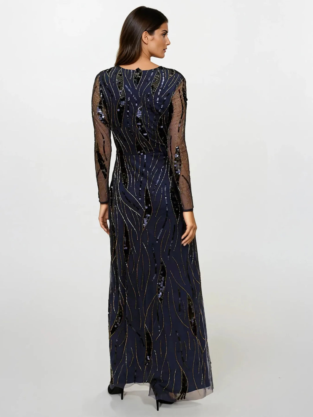 Navy Long Sleeve Beaded Evening Dress