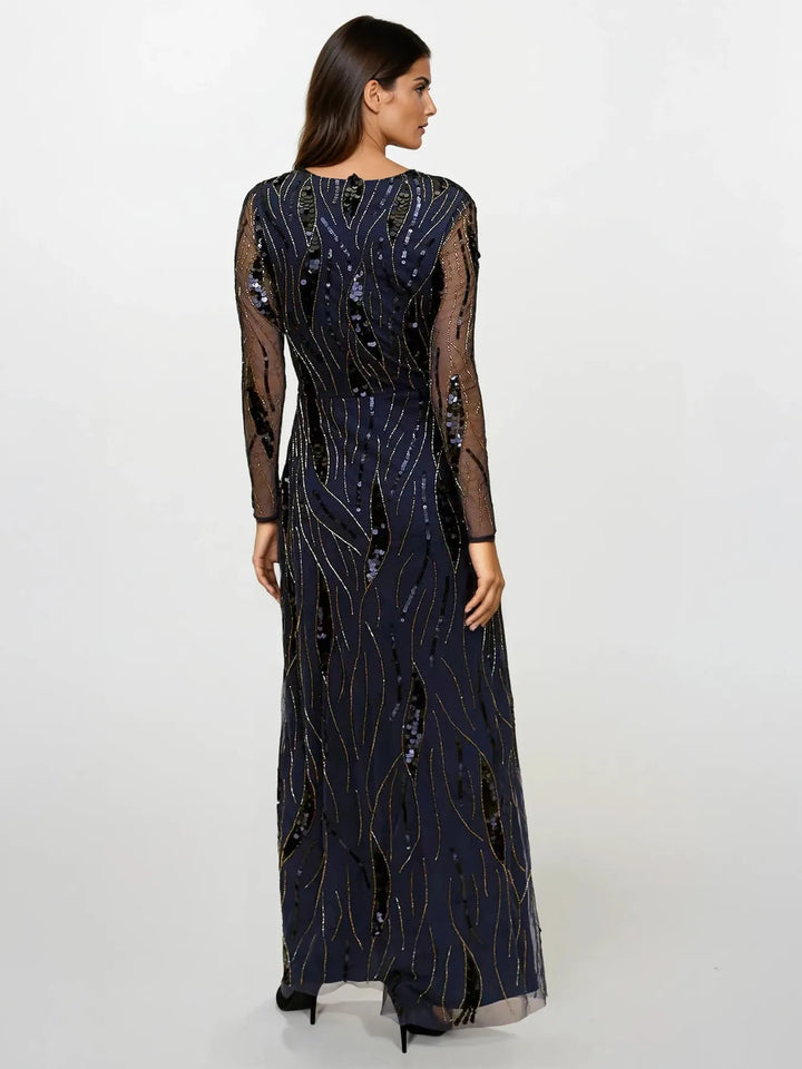 Navy Long Sleeve Beaded Evening Dress