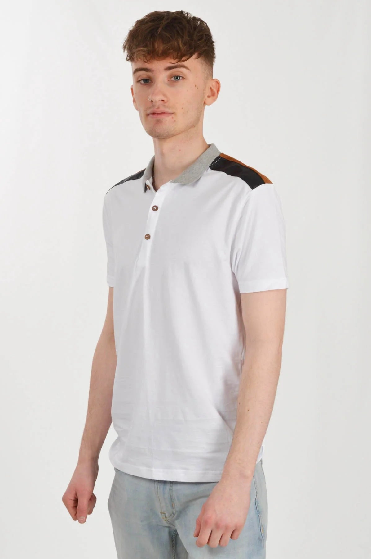 River Island Polo Shirt Contrast Shoulder White / M