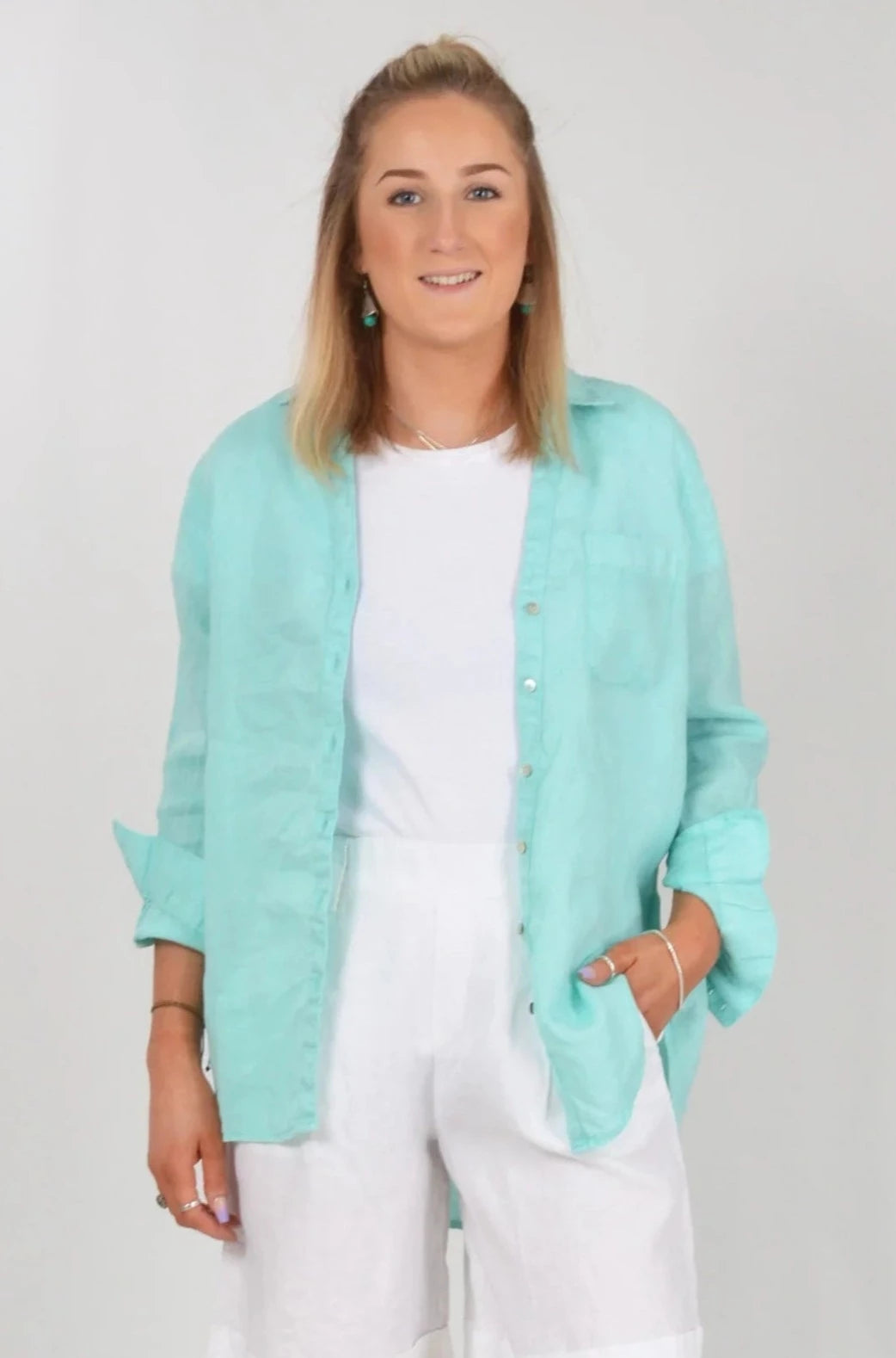 Christian Siriano Oversized Linen Shirt Turquoise / S