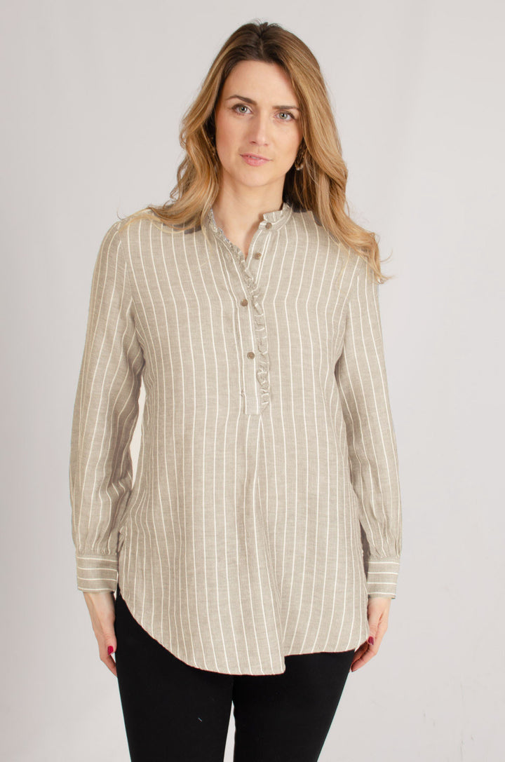 Frill Neck Stripe Longline Blouse