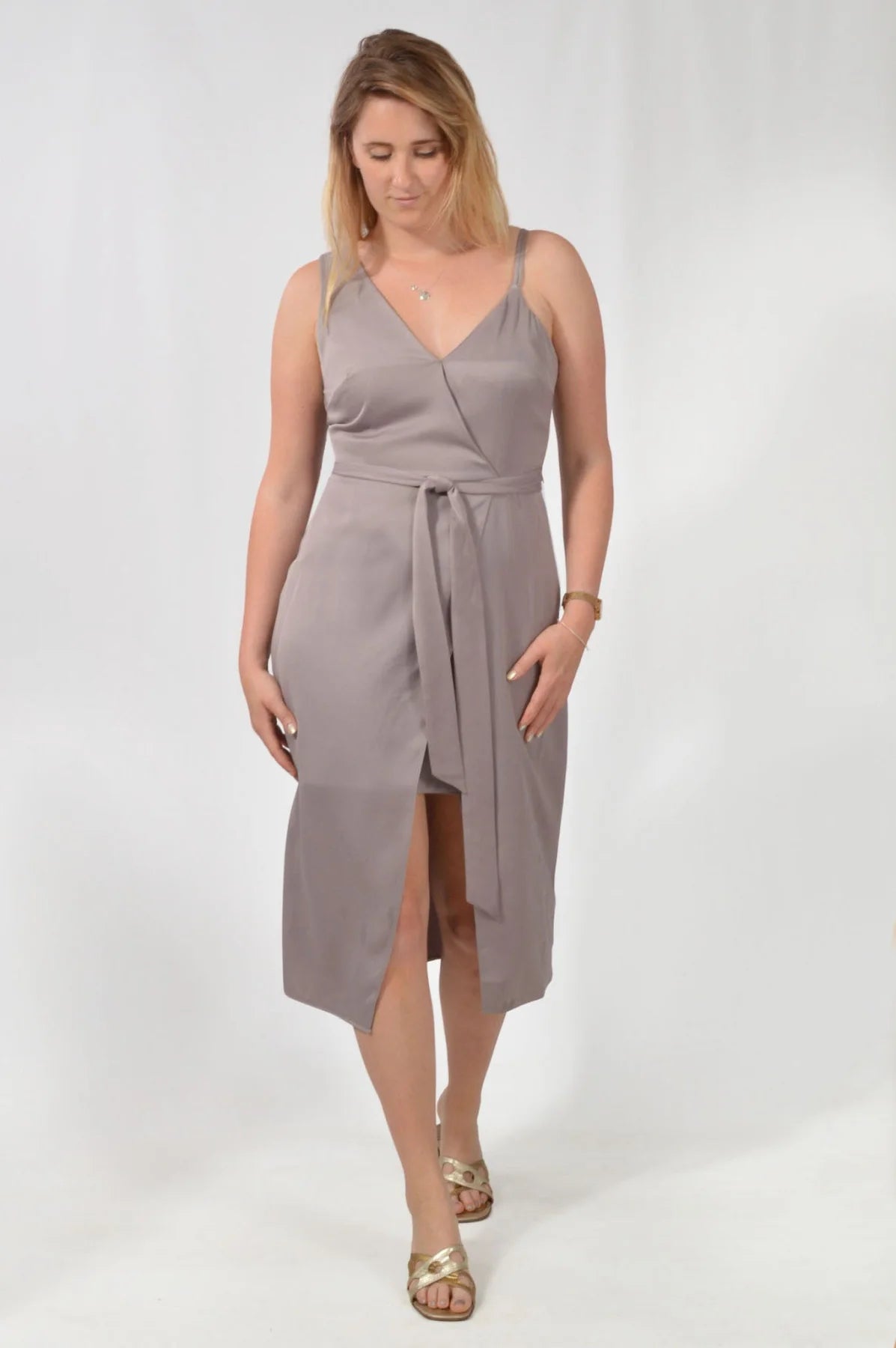 River Island Satin Wrap Midi Dress Mink 8