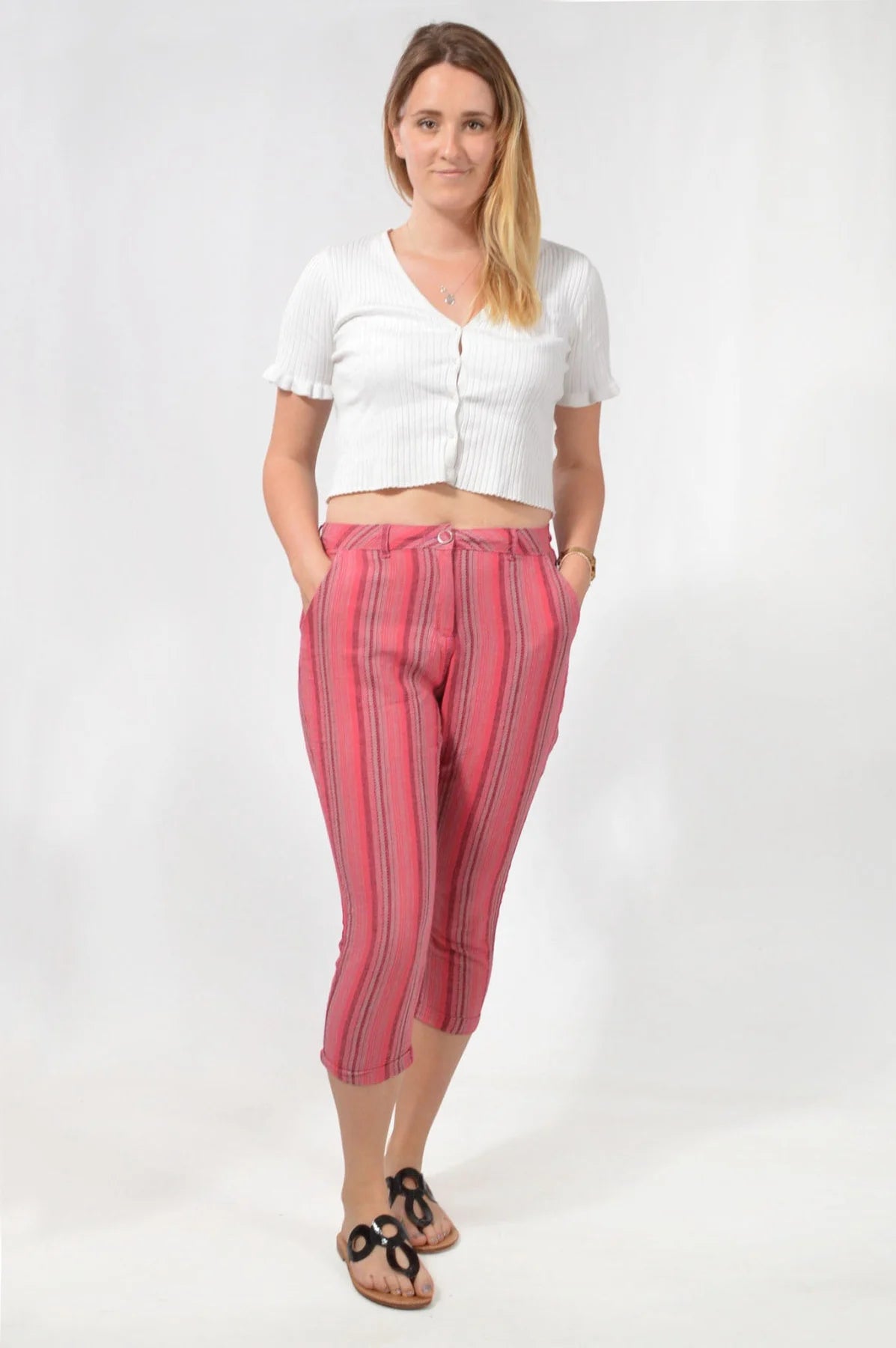 Bon Marche Striped Linen Blend Crop Trouser