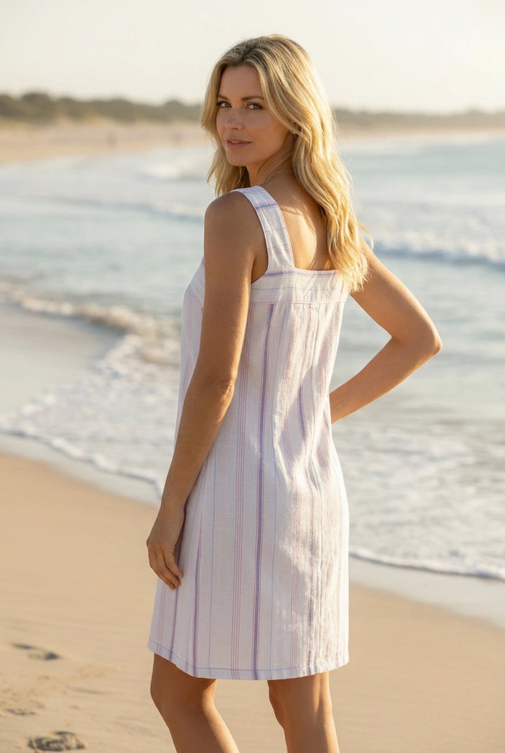 White Pink Stripe Sleeveless Linen Dress