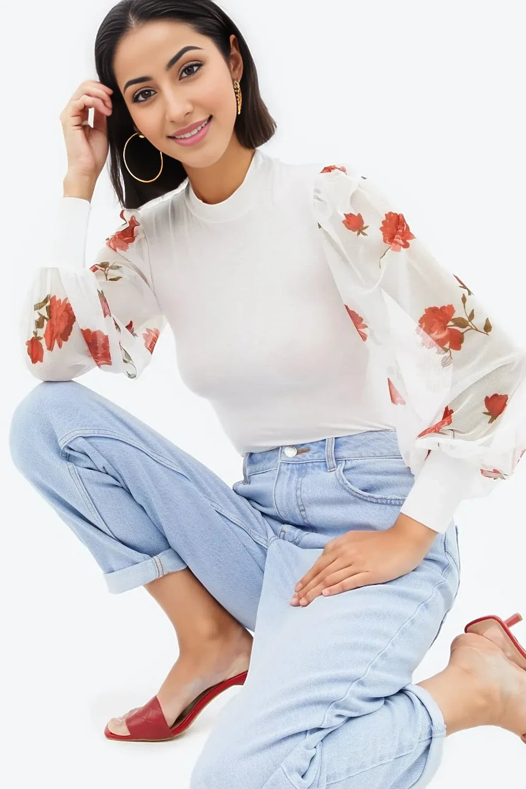 White floral puff sleeve top hotsell