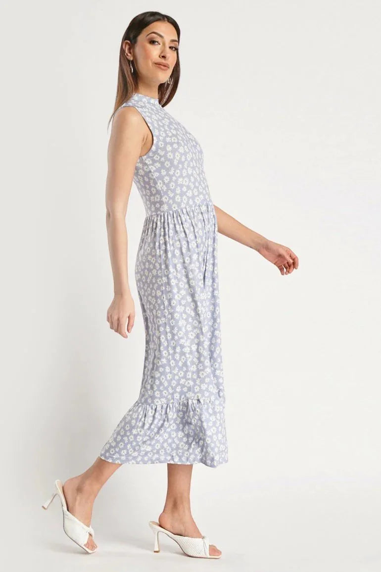 Blue Daisy Print Midi Tiered Dress β Secret Label
