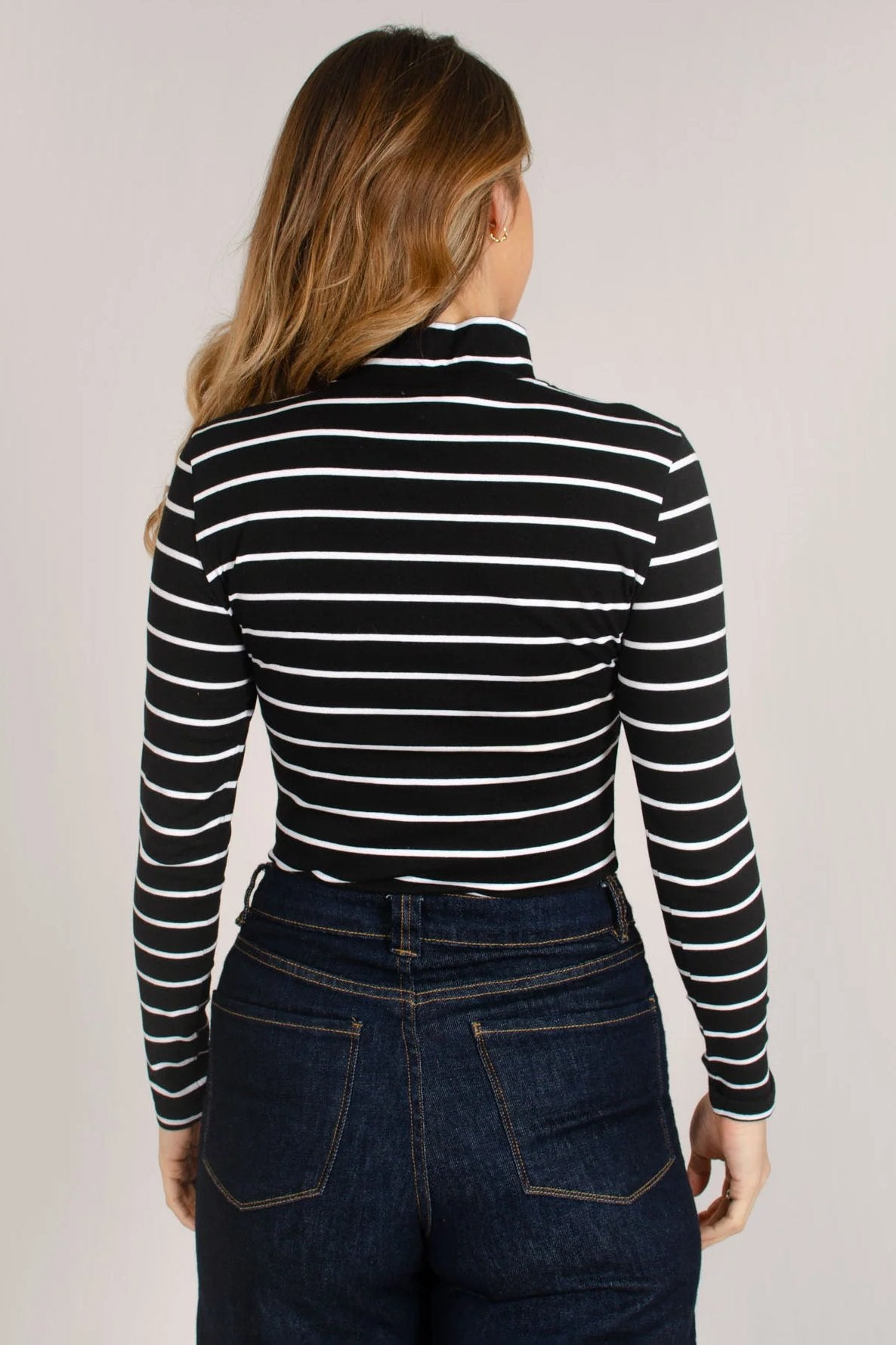 Black/White - High Neck Striped Jersey Top