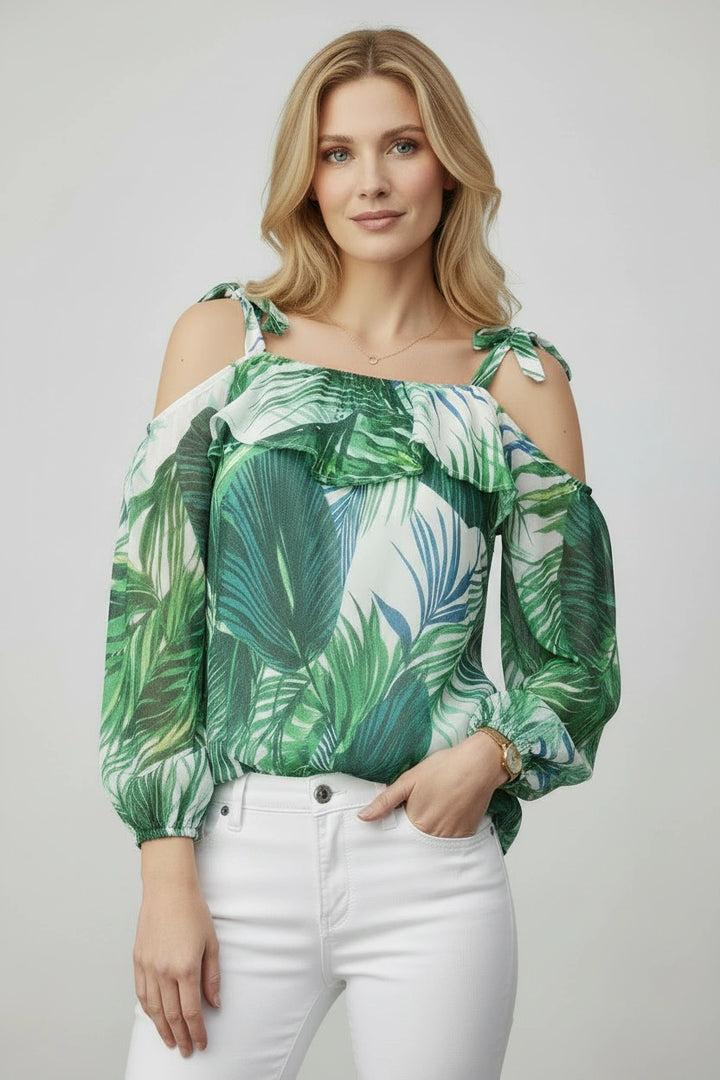 Tropical Leaf Print Cold Shoulder Blouse
