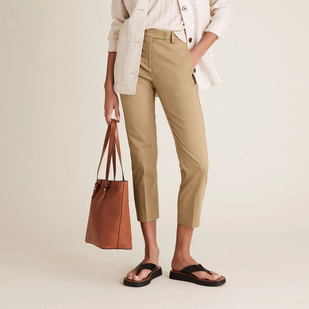 M&S Mia Slim Fit 7/8 Length Trousers Beige / 6 / Reg