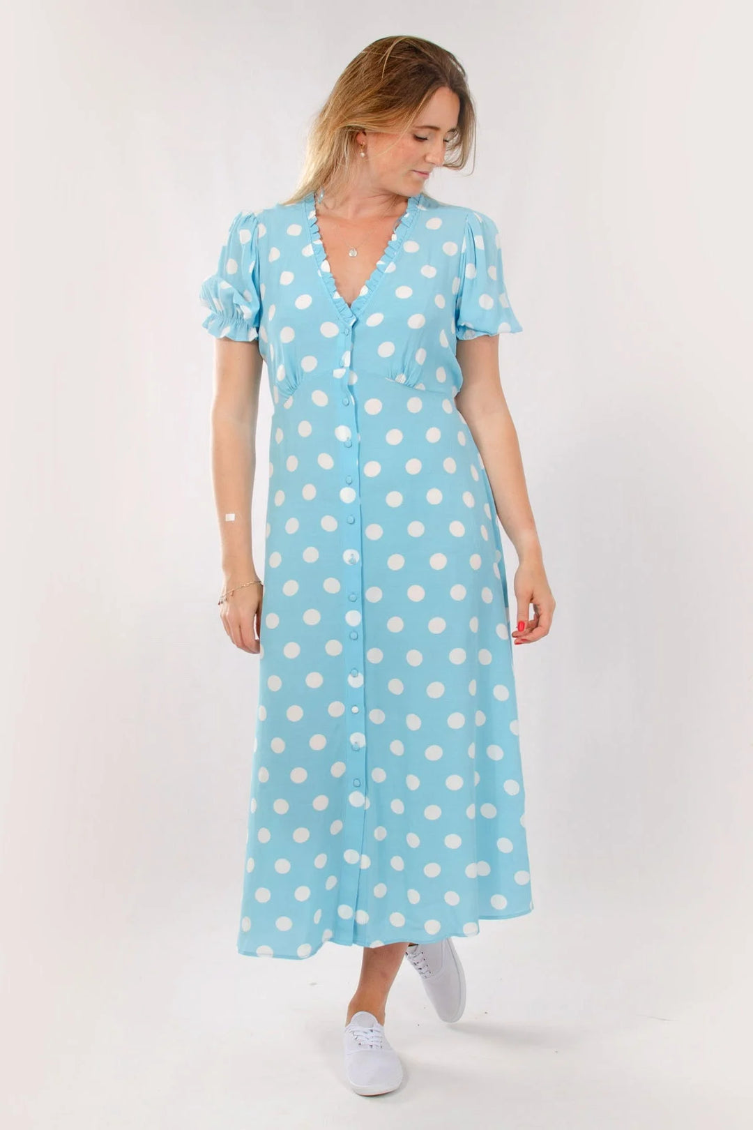 Pale Blue Polka Dot Midi Dress – Secret Label