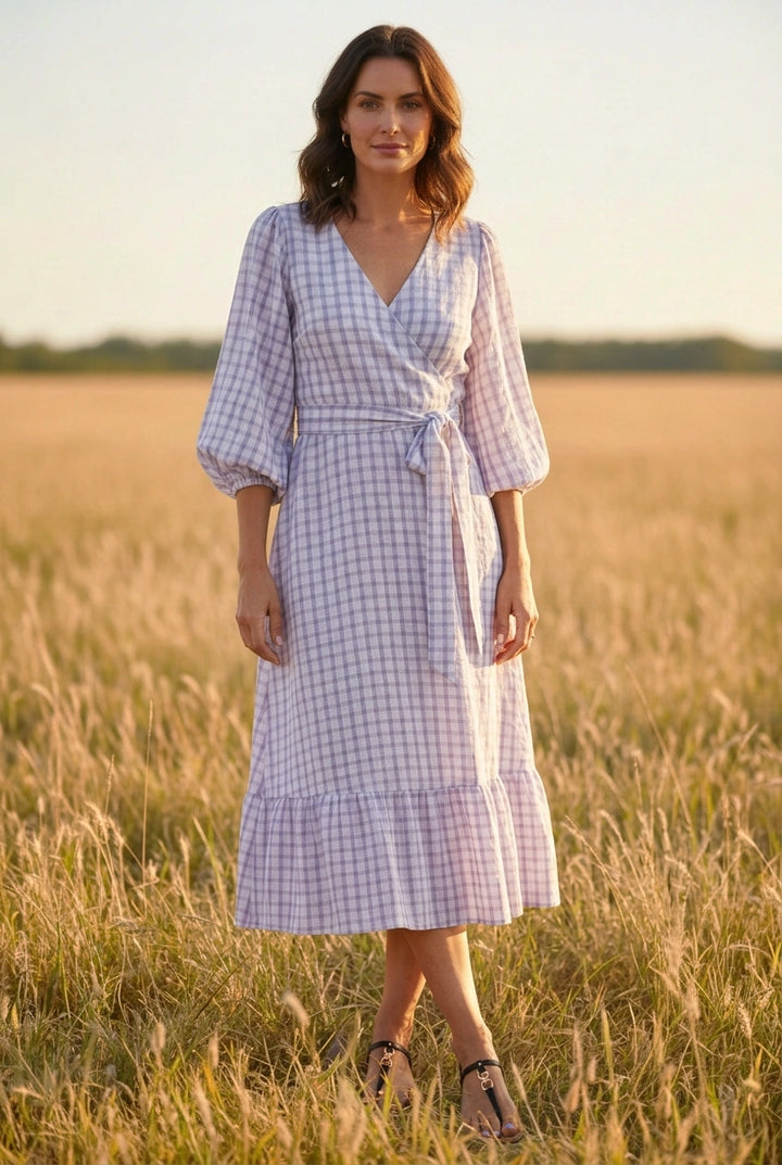 Check V Neck Midi Dress