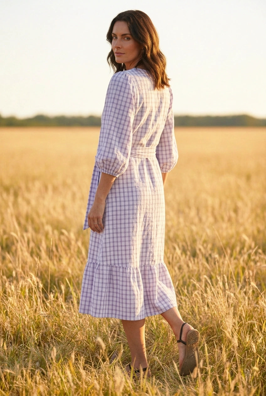 Check V Neck Midi Dress