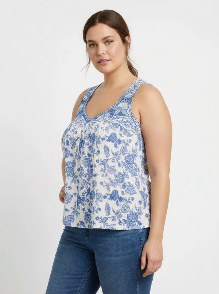 White Blue Crochet Lace Sleeveless Top