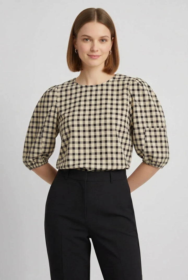 Check Puff Sleeve Blouse