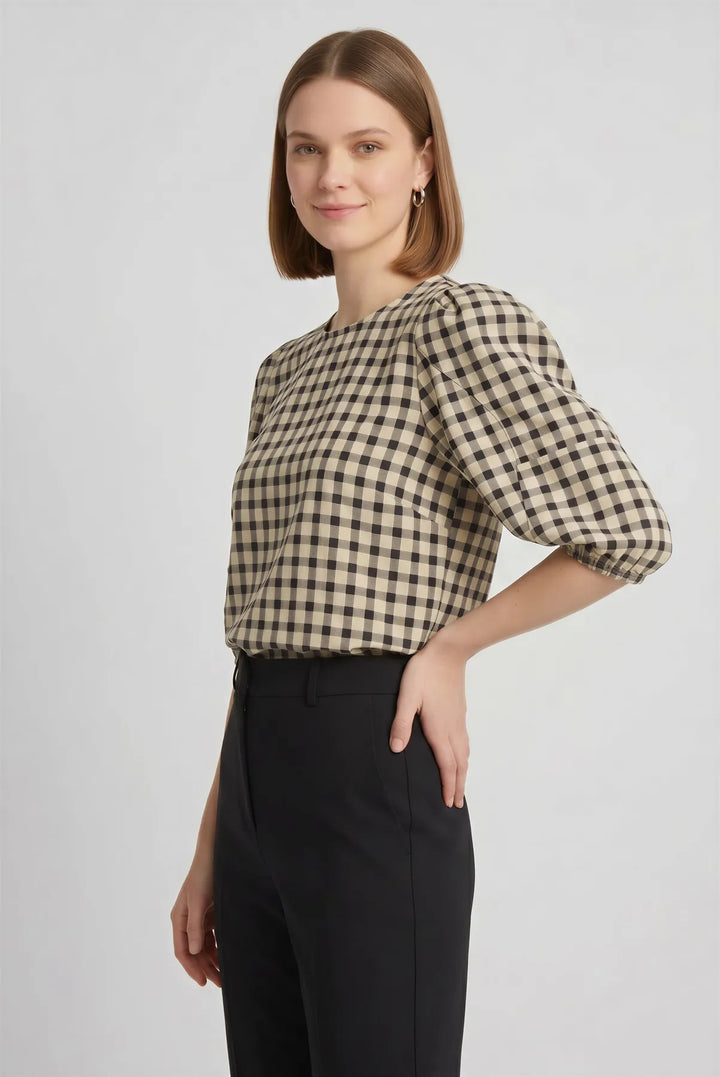 Check Puff Sleeve Blouse